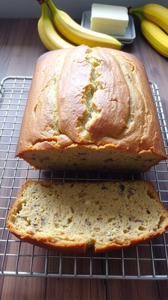 A loaf of banana bread on a wire rack, sliced to show moist interior, with ripe bananas in the background.